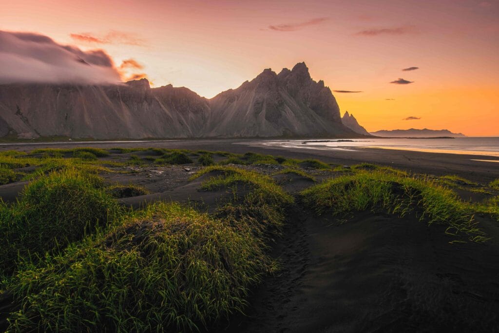 Stokksnes midnight sun in Iceland in July