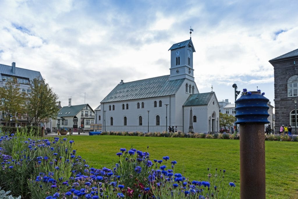 Domkirkja church at Austurvöllur park in downtown Reykjavik