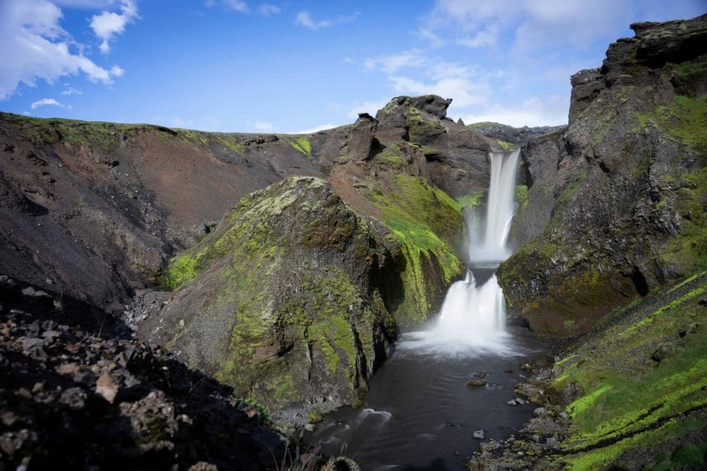 waterfall on the Fimmvorduhals hiking trail in the highlands of Iceland