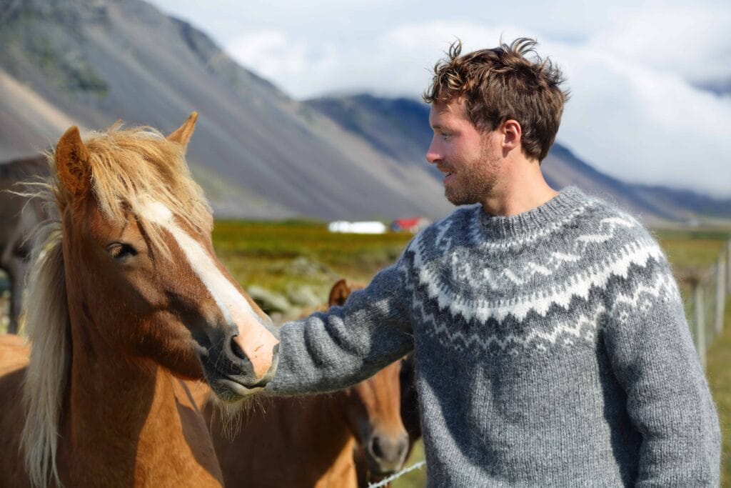 The Icelandic Horse and a man in an Icelandic wool sweater