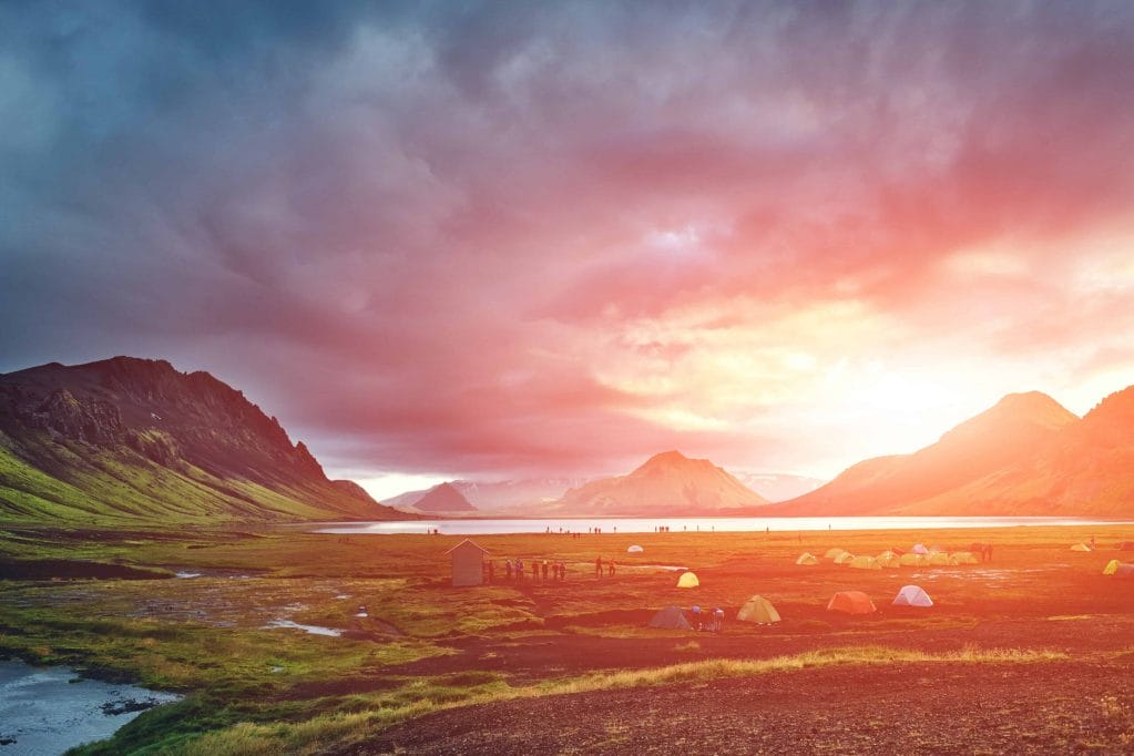 campsite at Álftavatn in the Laugavegur hiking trail in the highlands of Iceland