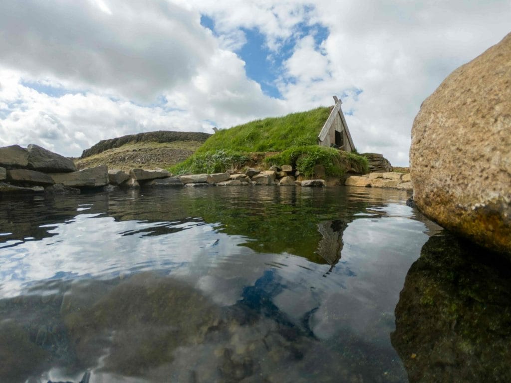 Iceland hot spring, turf house in Hrunalaug hot spring in the Golden Circle Iceland