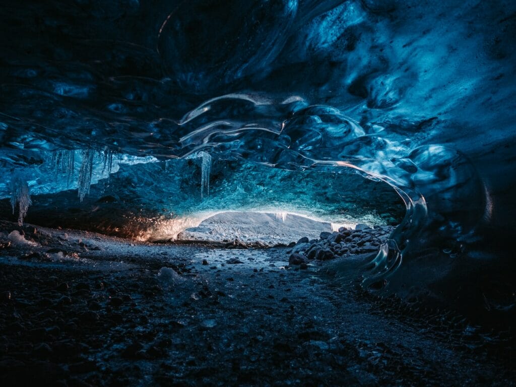 crystal blue ice cave in south Iceland
