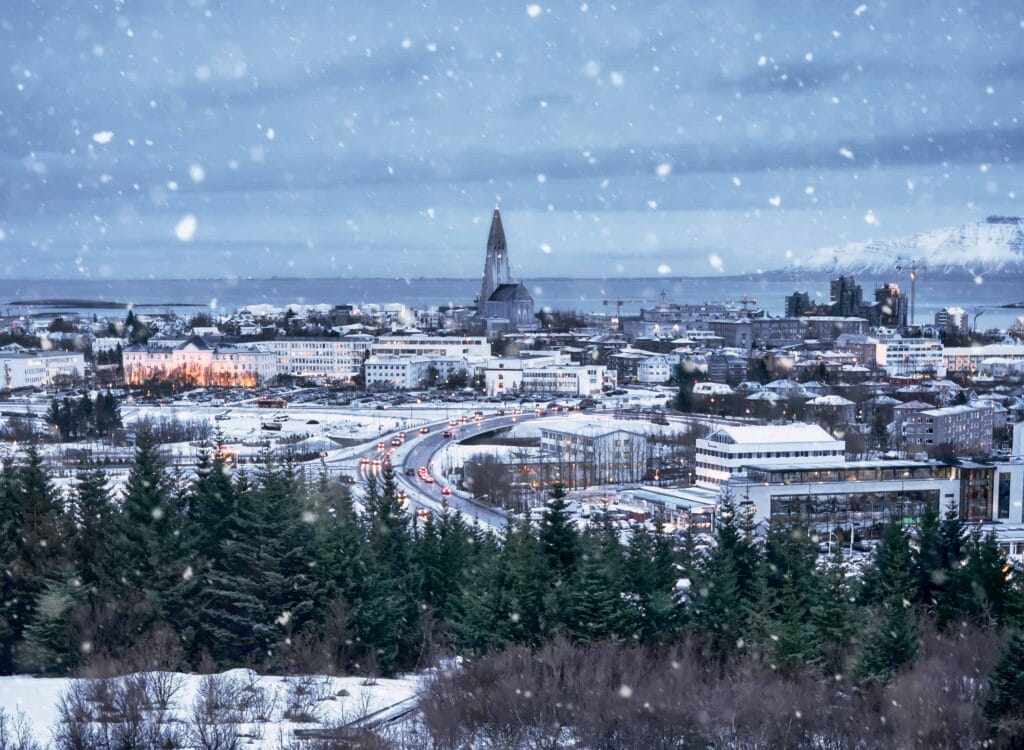 Winter in Reykjavik seen over Hallgrimskirkja church