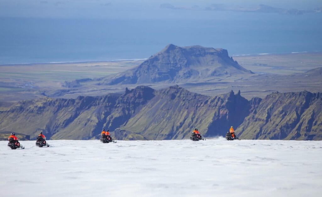 Iceland Snowmobile Tour, Snowmobile Iceland, Snowmobiling in Iceland, Snowmobile on Myrdalsjokull glacier in south Iceland