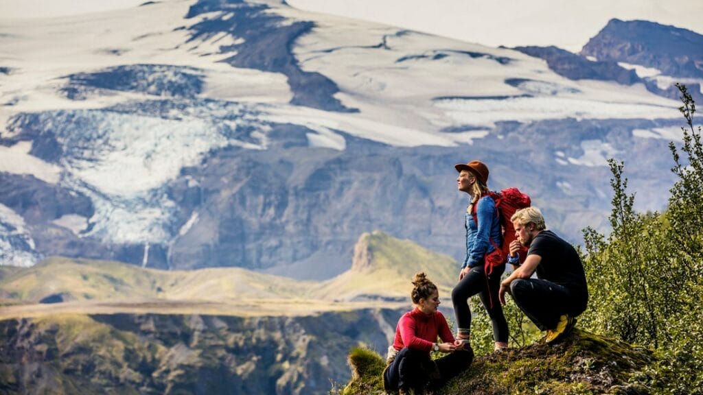 Travelers Hiking in Thorsmork in the highlands of Iceland