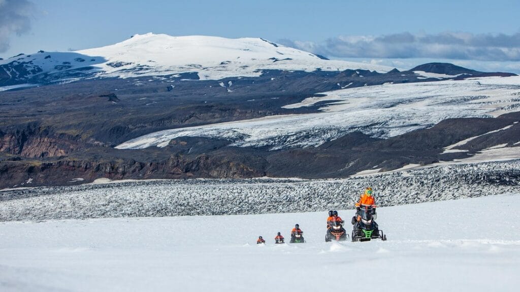 Iceland Snowmobile Tour, Snowmobile Iceland, Snowmobiling in Iceland, Snowmobile on Myrdalsjokull glacier in south Iceland