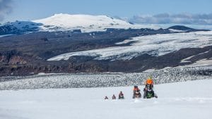 Snowmobile on Myrdalsjokull glacier in south Iceland