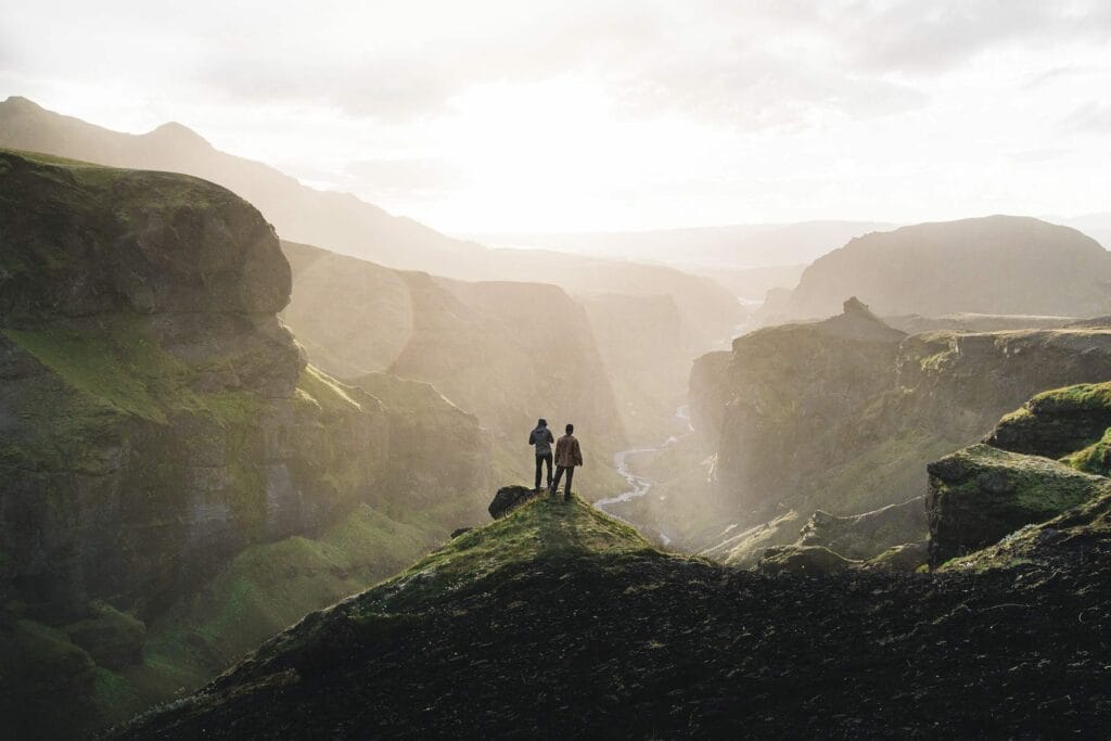 Fimmvorduhals Hike, Travelers Hiking in Thorsmork in the highlands of Iceland