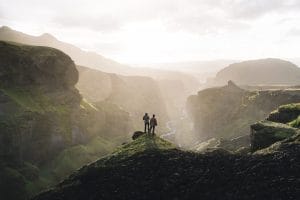 Travelers Hiking in Thorsmork in the highlands of Iceland