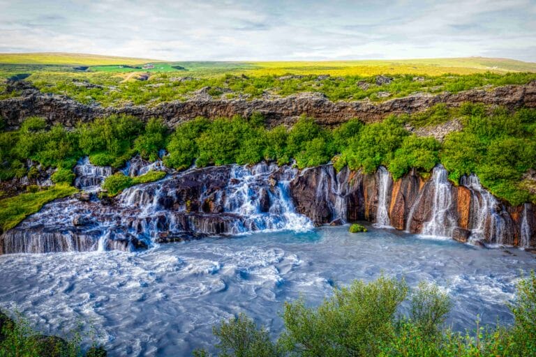 Hraunfossar waterfalls in east Iceland, waterfall in the silver circle in Iceland
