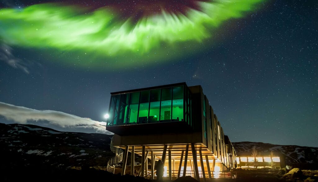 northern lights over Ion adventure hotel luxury hotel in the Golden Circle Iceland