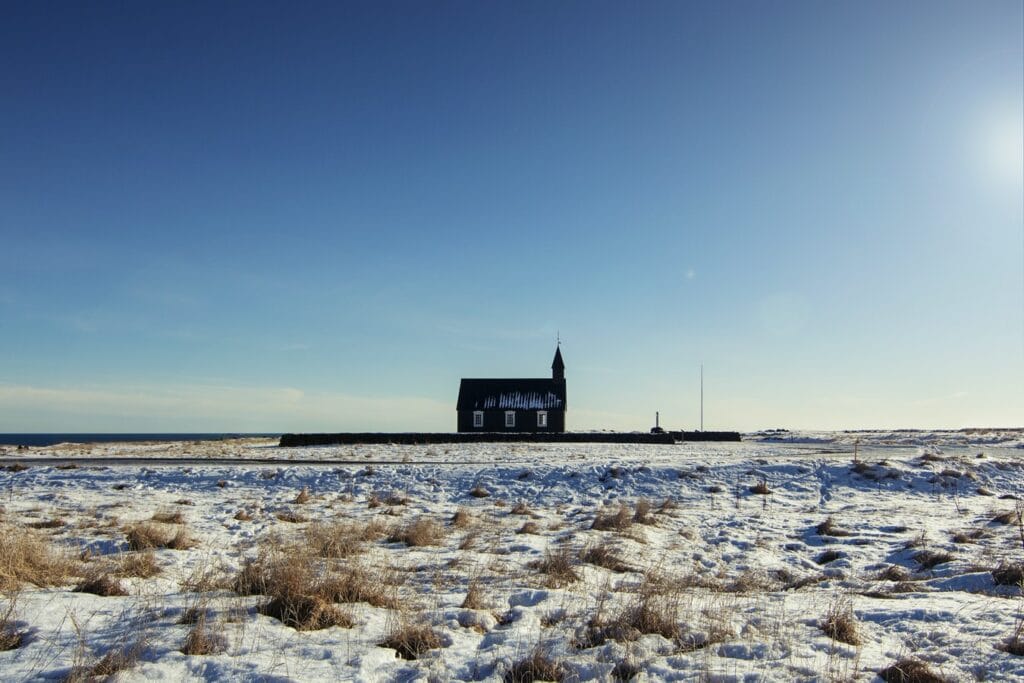 Búðarkirkja black church in Búðir Snæfellsnes during winter