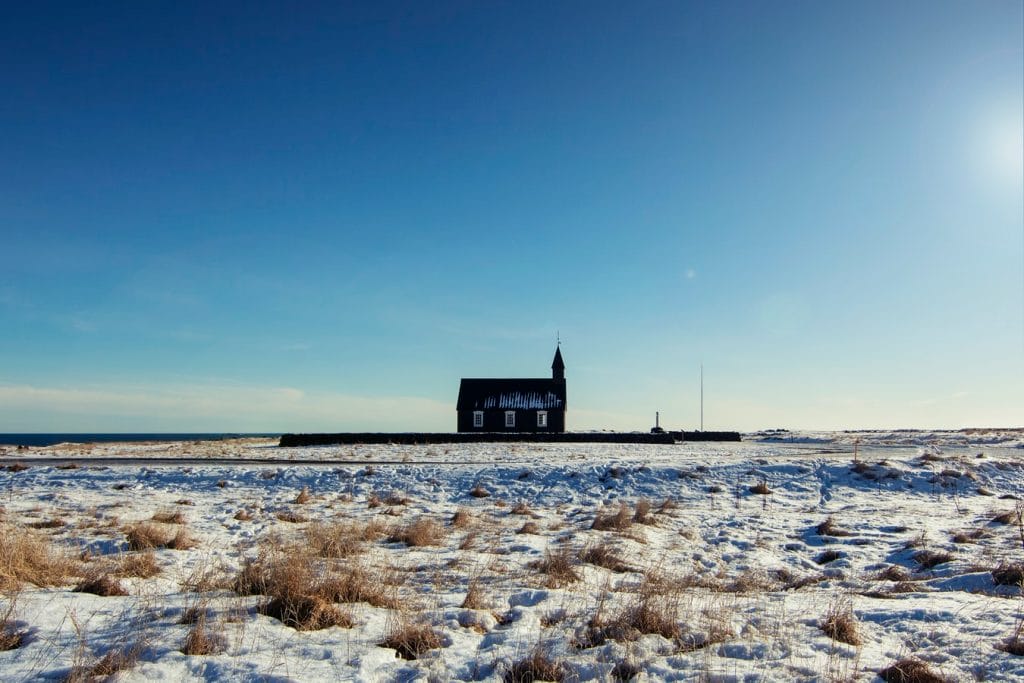 Búðarkirkja black church in Búðir Snæfellsnes during winter