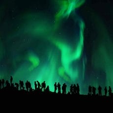 a group of people watching the northern lights in Iceland