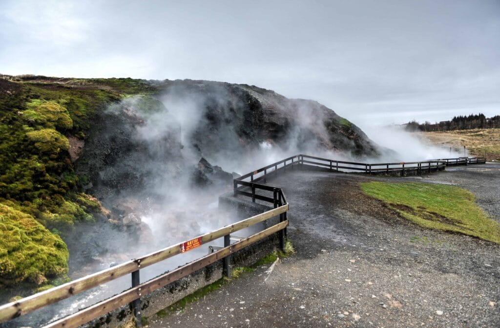 Deildartunguhver geothermal area in west Iceland, largest hot spring in the world