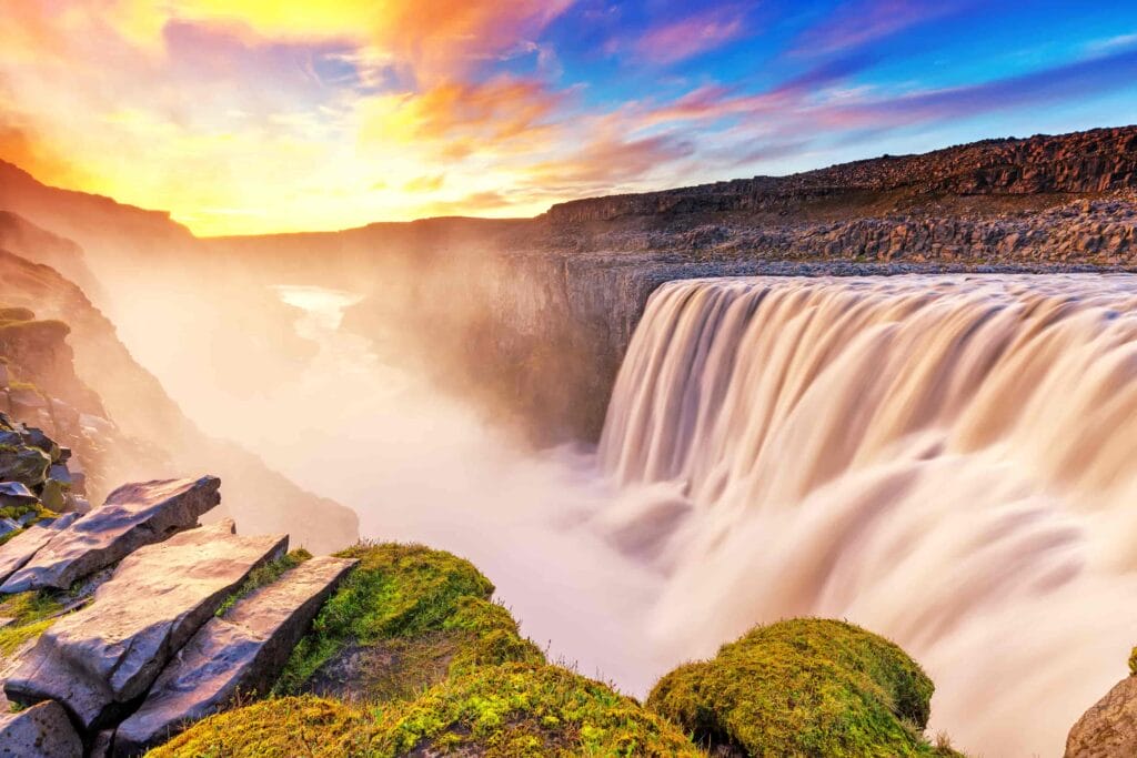 sunset at Dettifoss the most powerful waterfall in Europe during summer