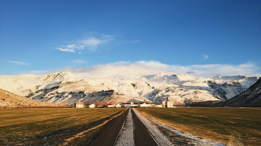 the farm in front of Eyjafjallajokull volcano and mountain in Iceland