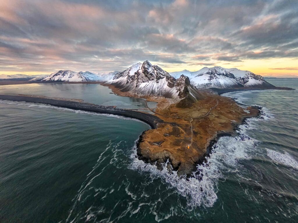 drone shot of Eystrahorn mountain in East Iceland