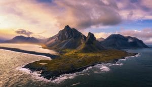 gullfoss waterfall visit drone shot of Eystrahorn mountain in East Iceland
