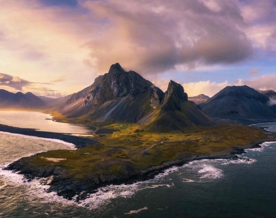 drone shot of Eystrahorn mountain in East Iceland