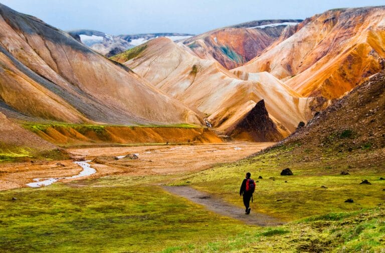 Hiking in Landmannalaugar in the highlands of Iceland, Brennisteinsalda Mountain in Landmannalaugar