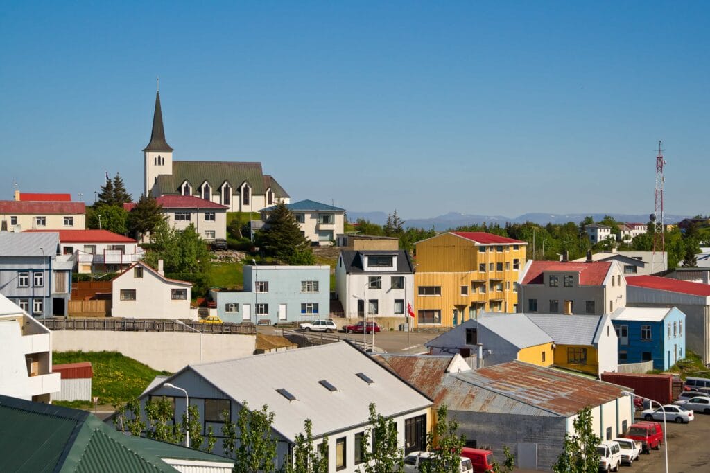 Borgarnes village and Hafnarfjall mountain in west Iceland