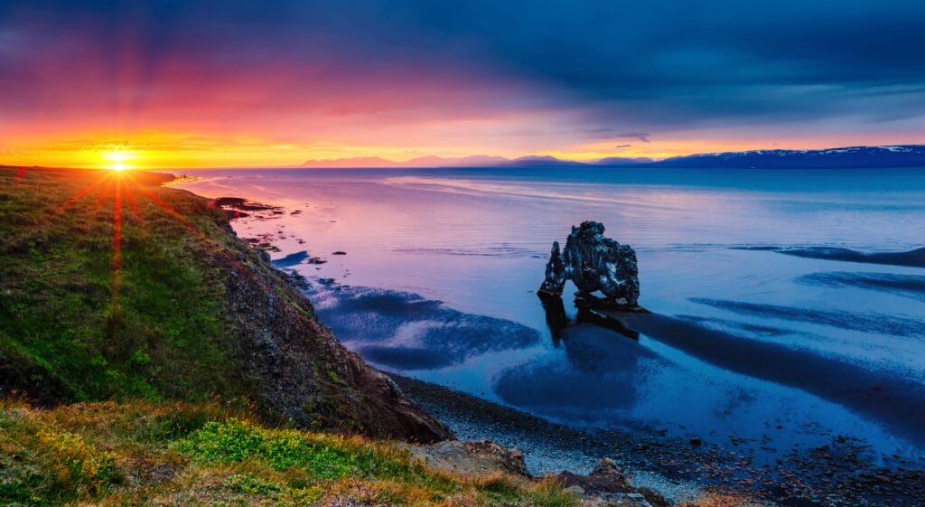 sunset at Hvítserkur cliff in north Iceland