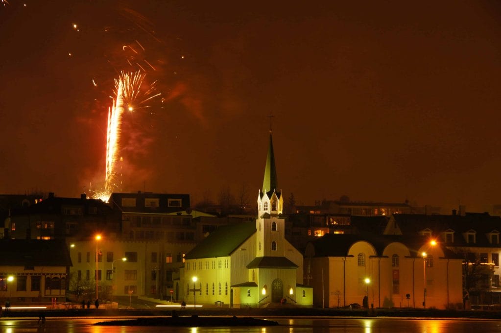 New Years Eve fireworks in Reykjavik Iceland