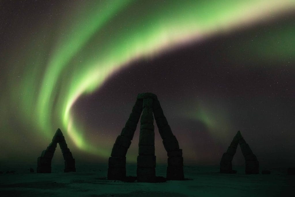 northern lights over Arctic Henge in Raufarhofn in north Iceland, the arctic coast way in Iceland
