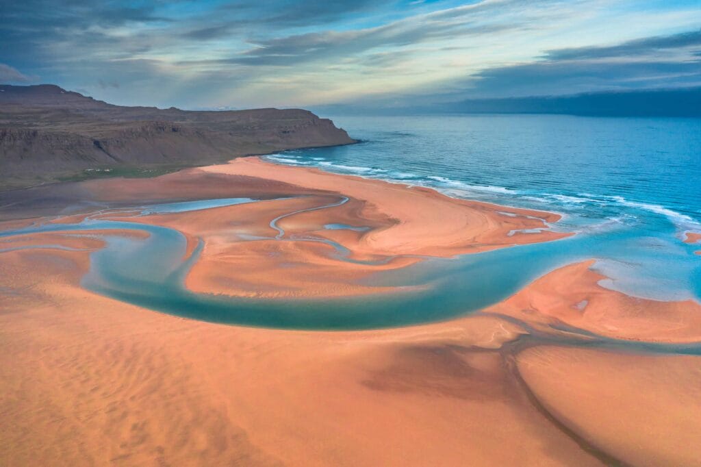 Drone flying in Iceland, Rauðisandur red sand beach in Westfjords