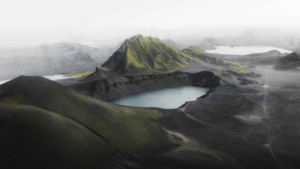 Drone flying in Iceland, Highlands, Ljótipollur Lake in Landmannalaugar