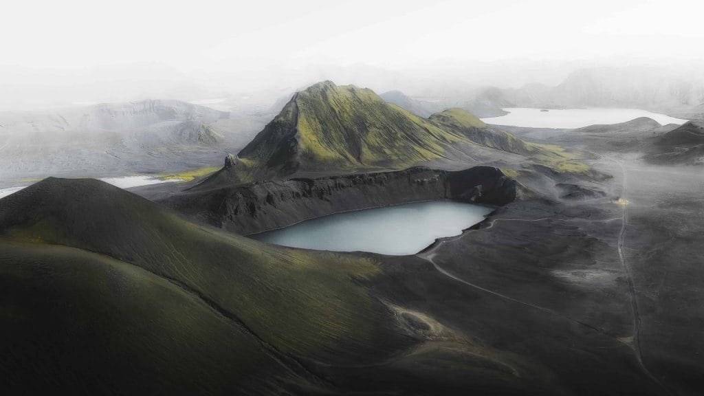 Drone flying in Iceland, Highlands, Ljótipollur Lake in Landmannalaugar