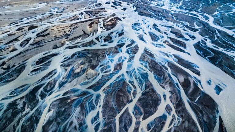Drone flying in Iceland, River in Iceland seen from a drone
