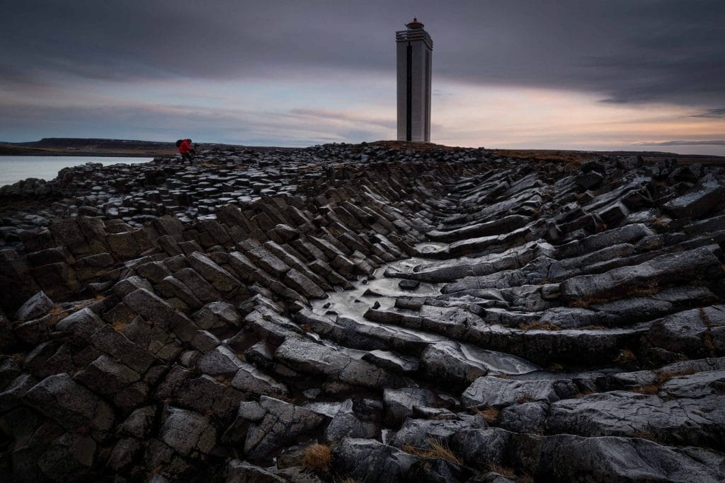 Kálfshamarsvíkurviti lighthouse in north Iceland - Kálfshamarsvíkur cove basalt columns