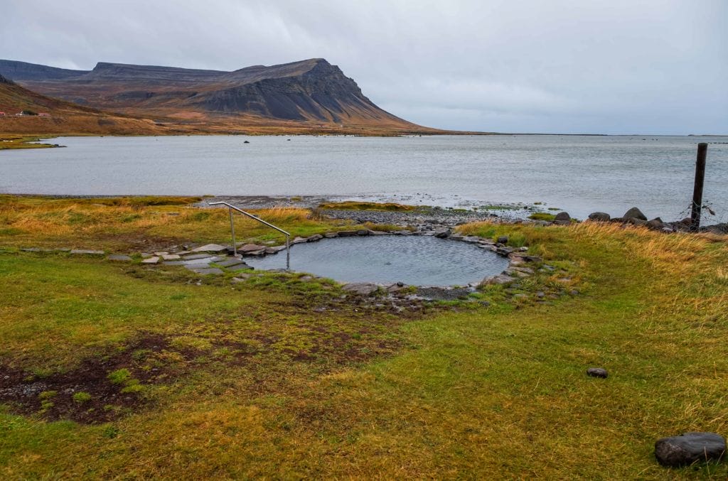 Krosslaug hot spring in Westfjords of Iceland