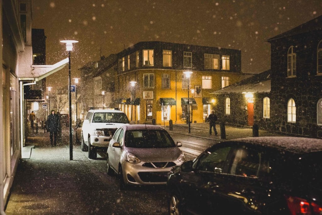 snow at Laugavegur shopping street in Reykjavik