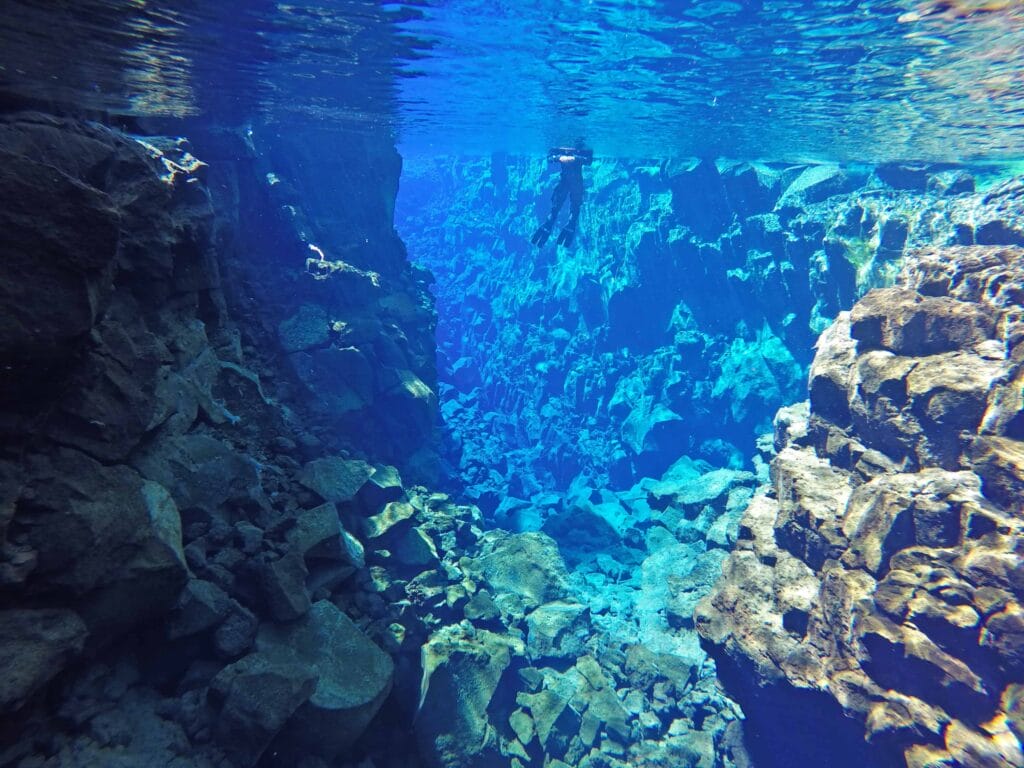 Silfra fissure in Þingvellir National Park - the rift between continents in Iceland north America and Europe