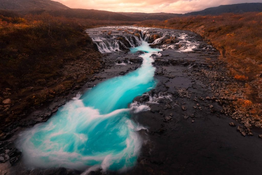 Brúarfoss waterfall in golden circle in Iceland, hidden waterfall in Iceland