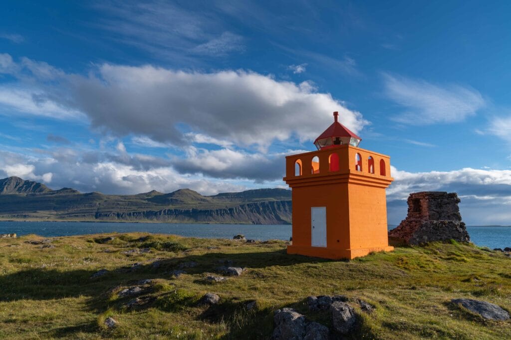 lighthouse in Fáskrúðsfjörður village in Eastfjords of Iceland