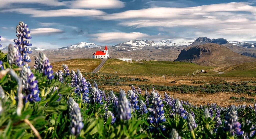 Hellissandur church and Snæfellsjokull glacier in Snæfellsnes Peninsula