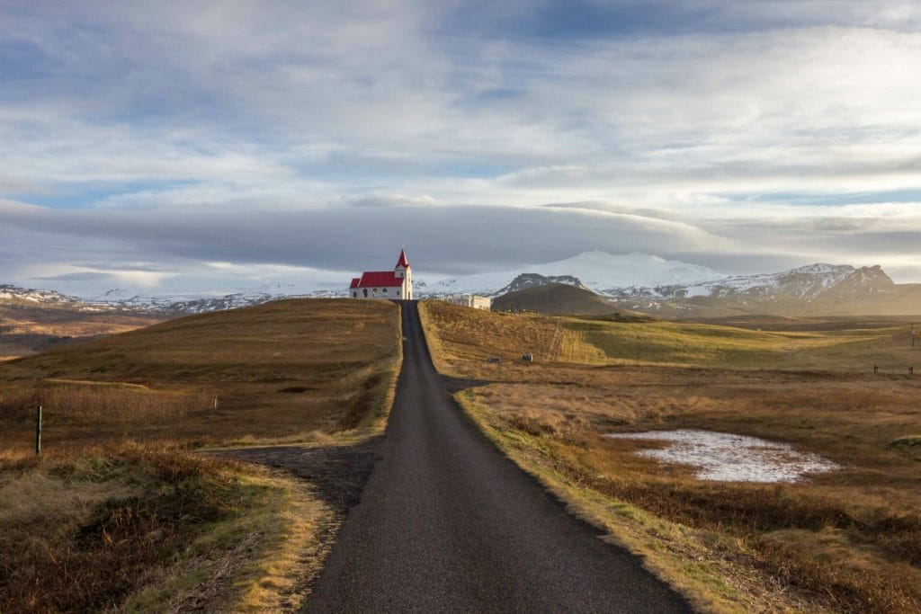 Hellissandur church and Snæfellsjokull glacier in Snæfellsnes Peninsula