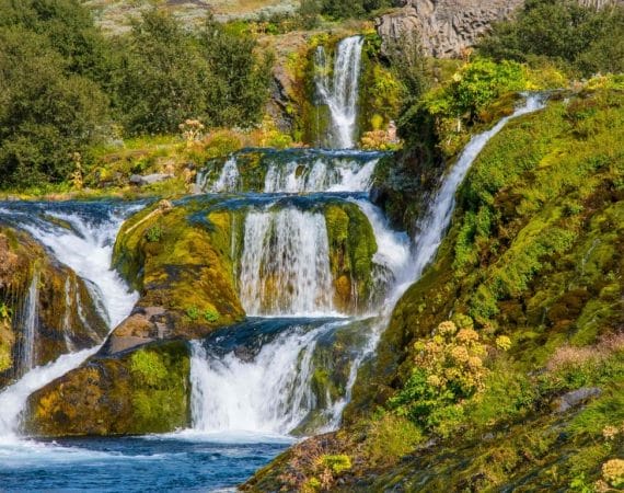 A serene view of Gjáin, a hidden oasis in Iceland, featuring a lush green landscape dotted with small waterfalls and crystal-clear streams. The photo captures the contrast between the vibrant greenery, moss-covered rocks, and the rugged volcanic cliffs surrounding the valley. Delicate cascades flow over rocky ledges into calm pools, while wildflowers add splashes of color. In the background, the peaceful and remote setting emphasizes Gjáin’s natural beauty and tranquility.