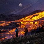 active volcano tour, people exploring the Geldingadalur erupting volcano in Iceland