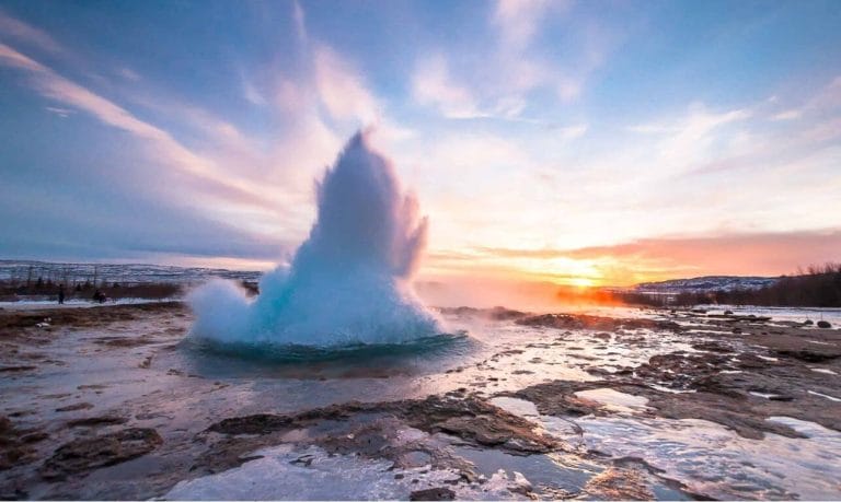 Golden Circle Tours, sunset at Geysir geothermal area in the Golden Circle