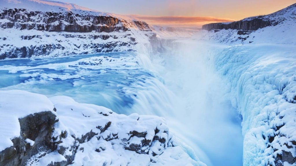 Iceland Must See - Gullfoss waterfall in Golden Circle Iceland, winter and snow at Gullfoss in Iceland