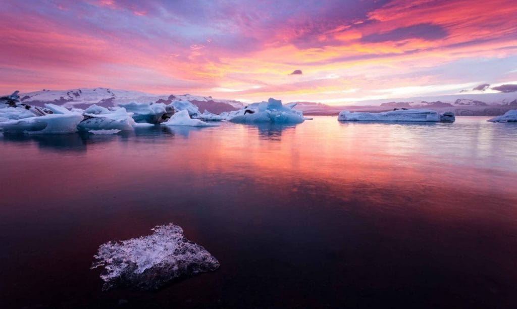 Midnight Sun and Sunset at Jokulsarlon Glacier Lagoon - Iceland Must See