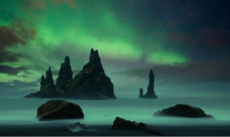 Reykjavik Northern Lights Tour, Northern Lights Iceland Tour - Reynisdrangar on Reynisfjara Black Sand Beach in South Iceland