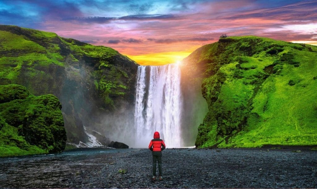 Iceland Travels | Top Sights in Iceland, Beautiful Sunset at Skógafoss Waterfall - South Iceland Must See - Midnight Sun in Iceland