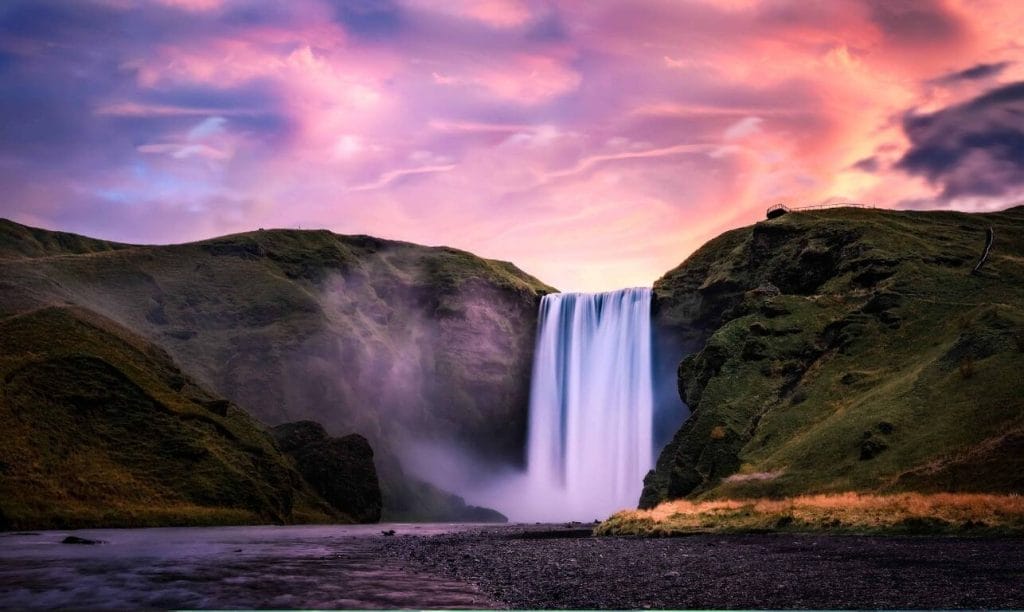 Iceland Travels | Top Sights in Iceland, Beautiful Sunset at Skógafoss Waterfall - South Iceland Must See - Midnight Sun in Iceland